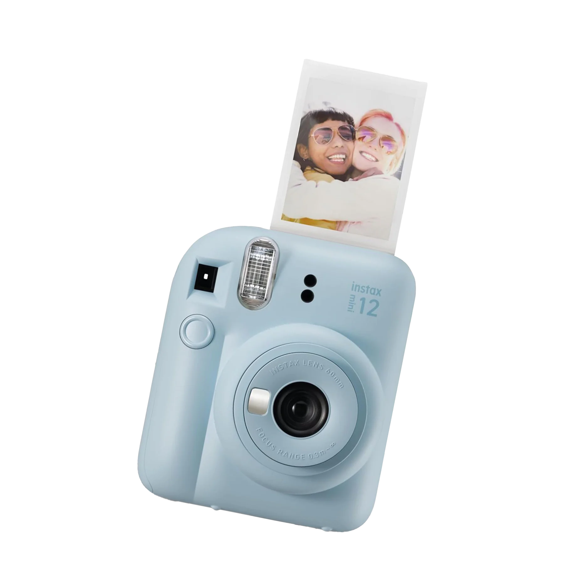 A light-blue instax mini 12 camera printing an instax mini photo of two smiling friends