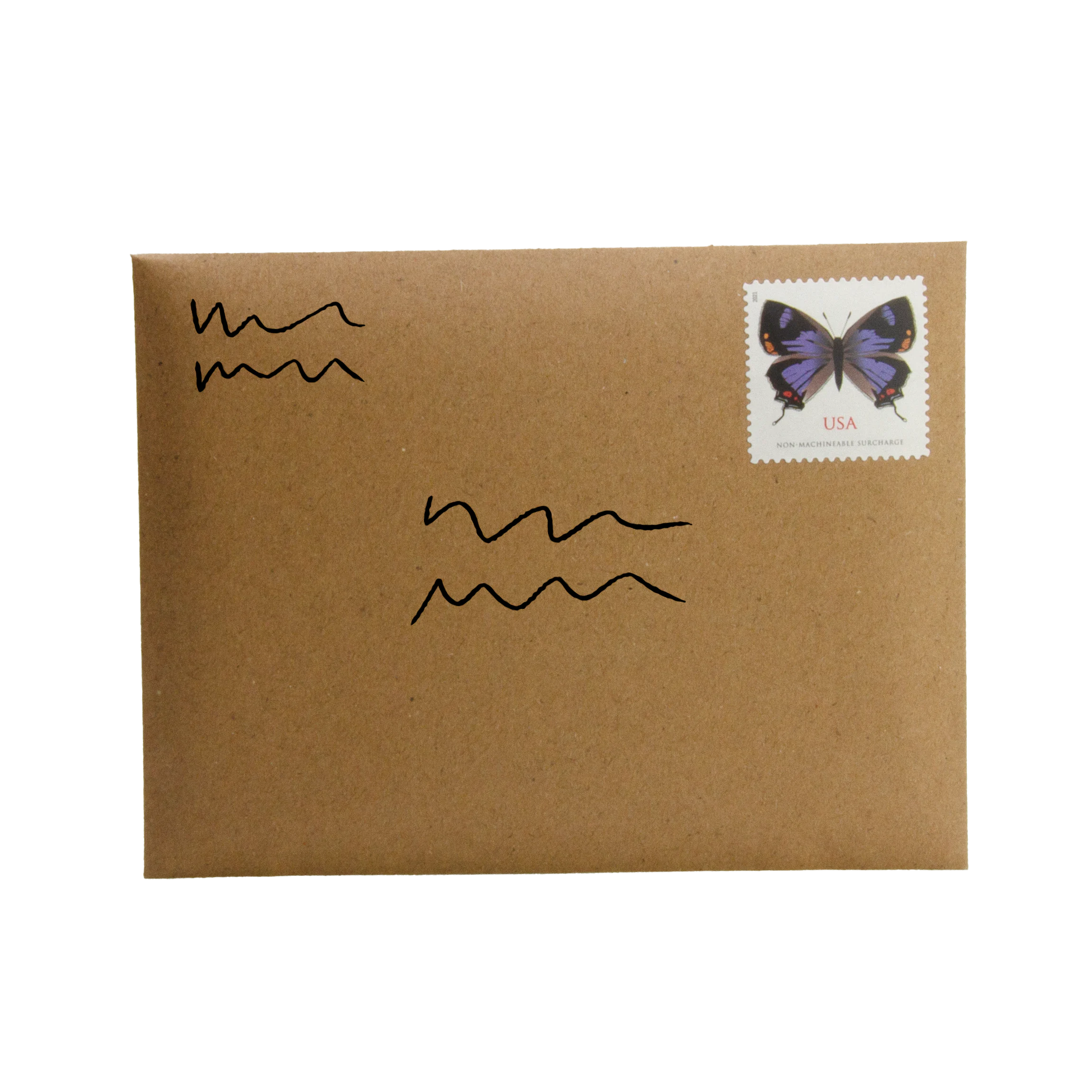 An addressed kraft envelope with a butterfly postage stamp